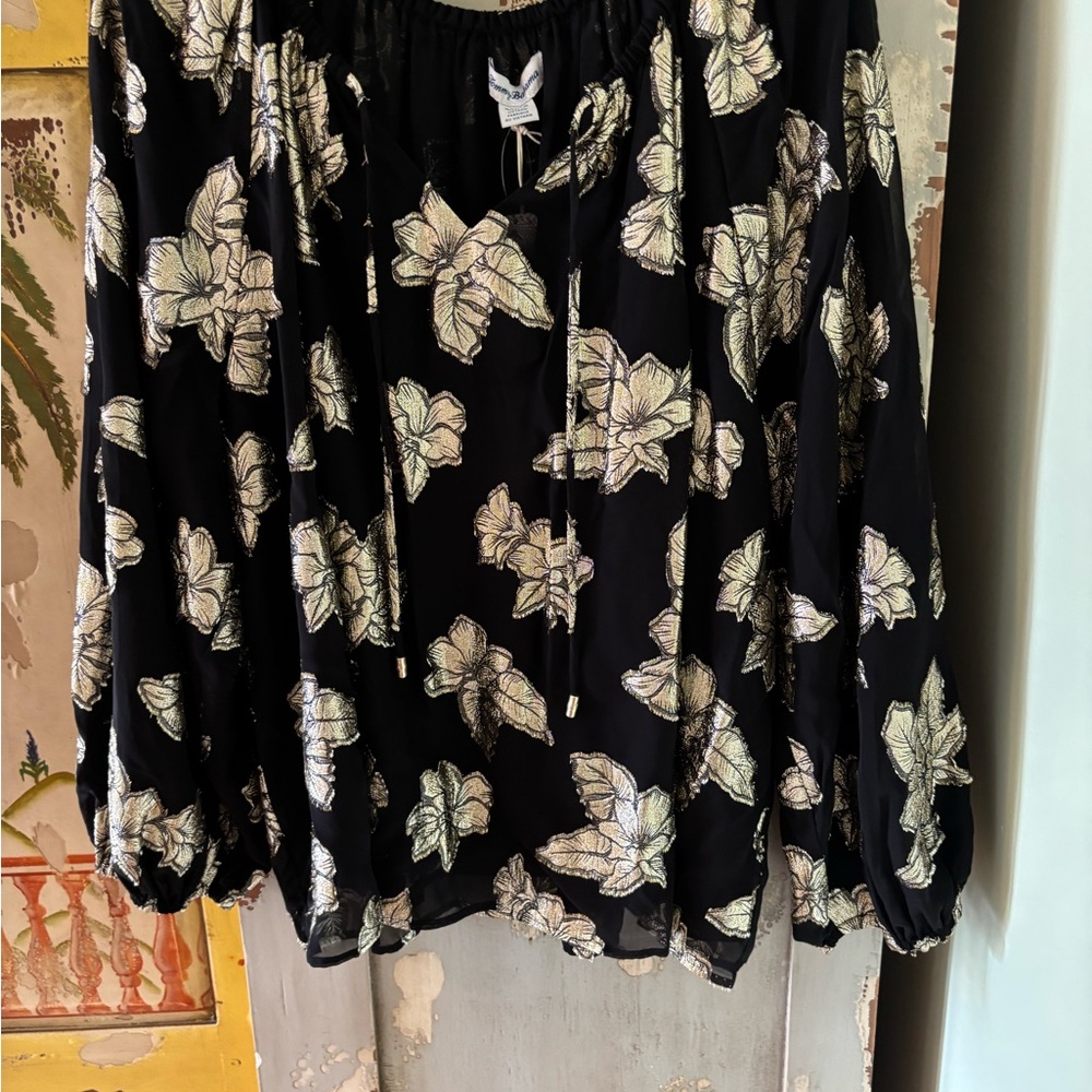 Tommy Bahama Black Metallic Ivory Floral Tie-Front Blouse